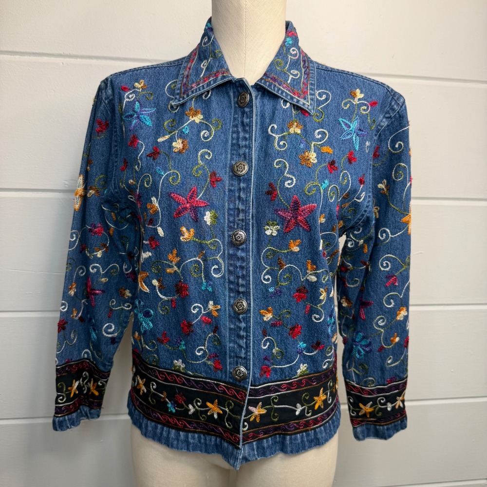 Y2K Lightweight Denim Jacket All Over Embroidery Floral Boho‎ Fairy SMALL